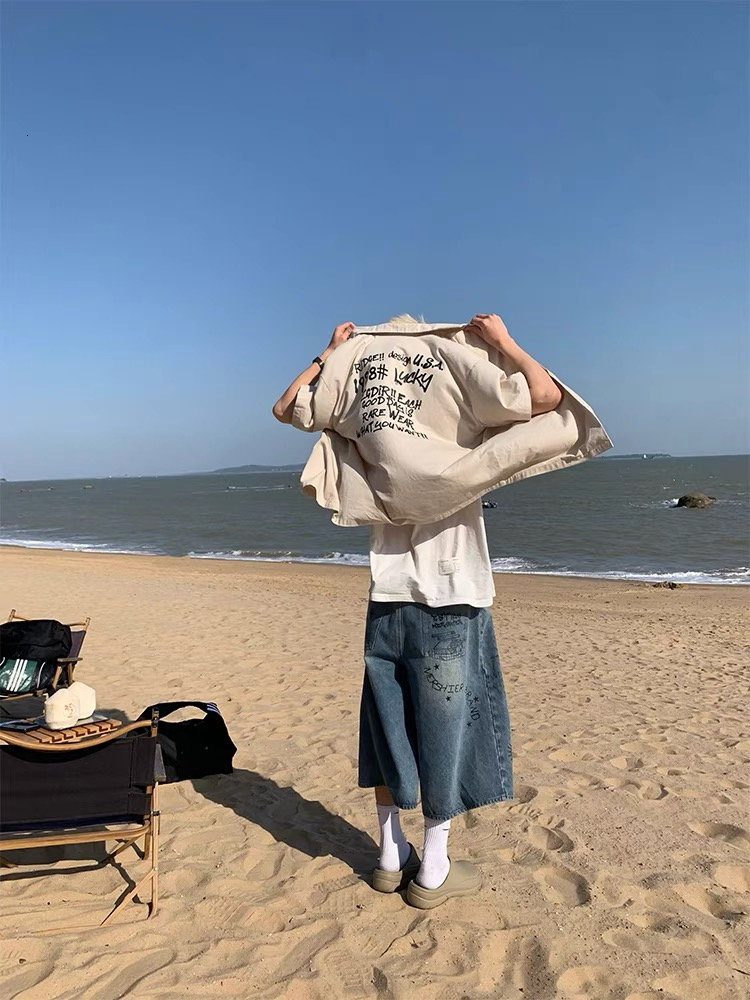 Graffiti denim shorts for men and women summer American fashion brand loose wide leg five casual versatile seven quarter pants