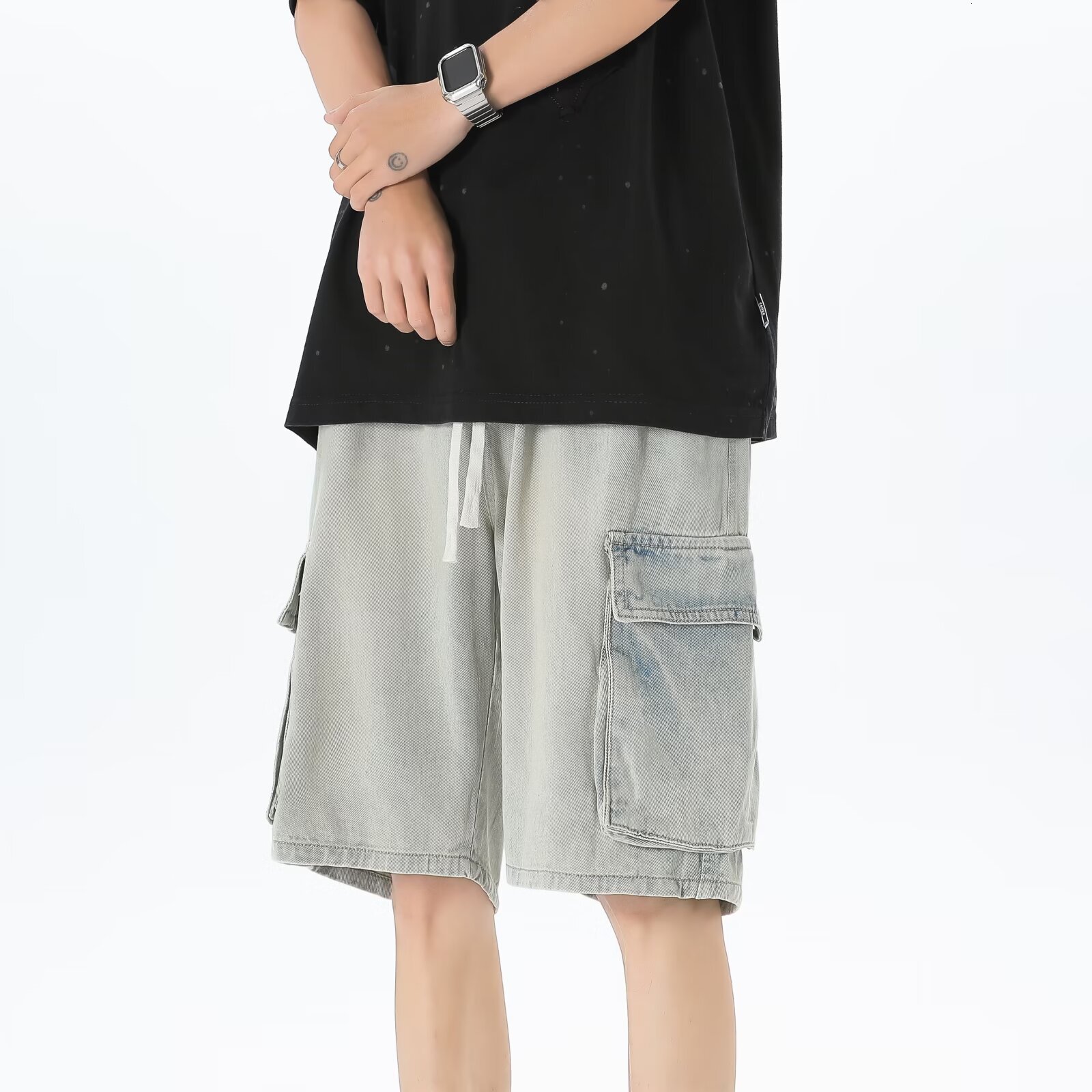 American denim for men in summer, thin fit, loose straight leg, five quarter pants, men's versatile, casual, outerwear, workwear, shorts