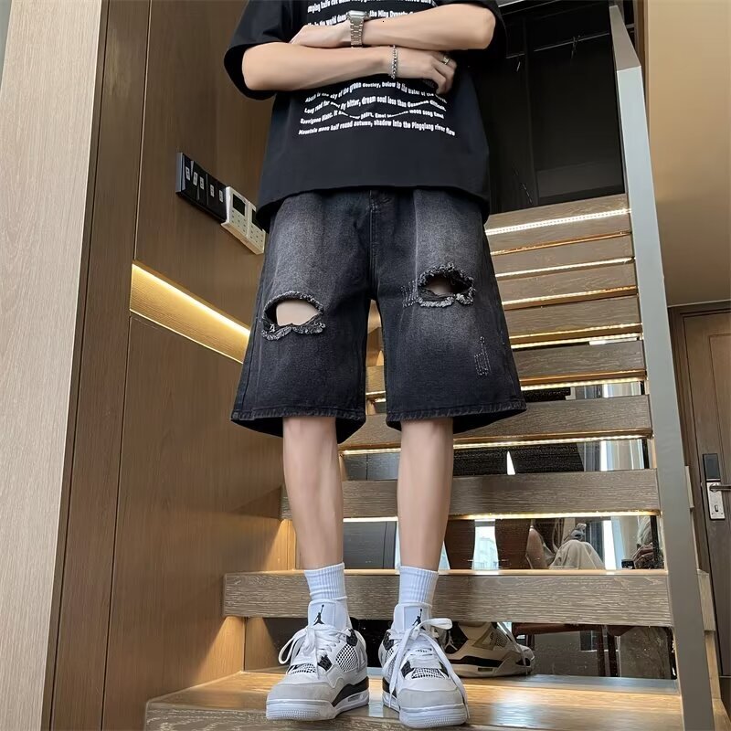 Men's denim shorts, men's summer style, American high waisted outer straight leg pants, cool and casual five quarter pants