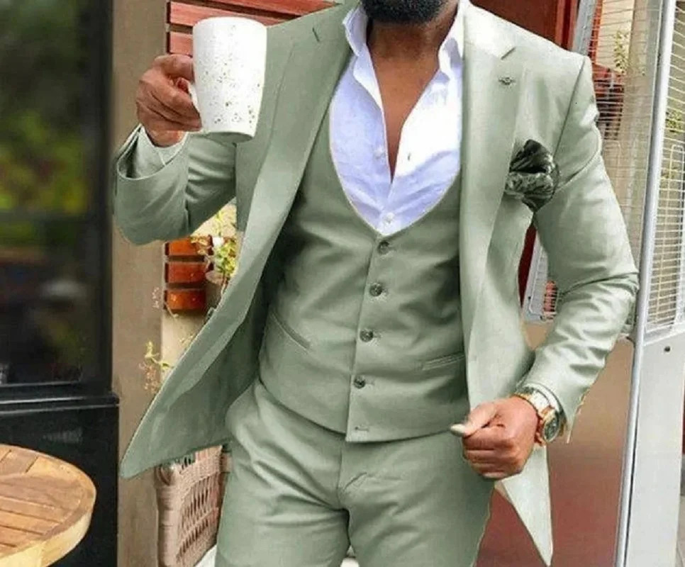 Light green Suits Men 3 Pieces Wedding Wear Business Male Groom Dress Jacket Vest Pants Set Blazers Coat 240713