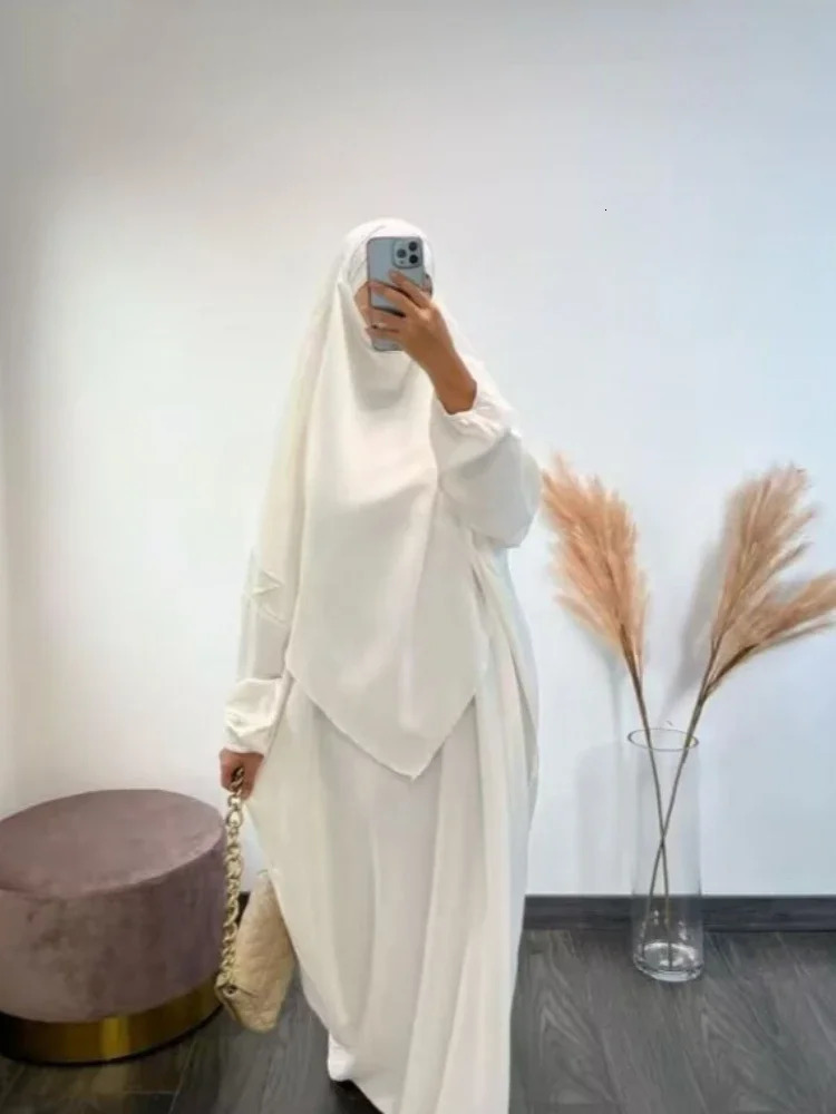 Eid Muslim Women Long Khimar 2 Piece Set Abaya Dress Prayer Garment Hijab Full Cover Islamic Ramadan Kaftan Djellaba 240712