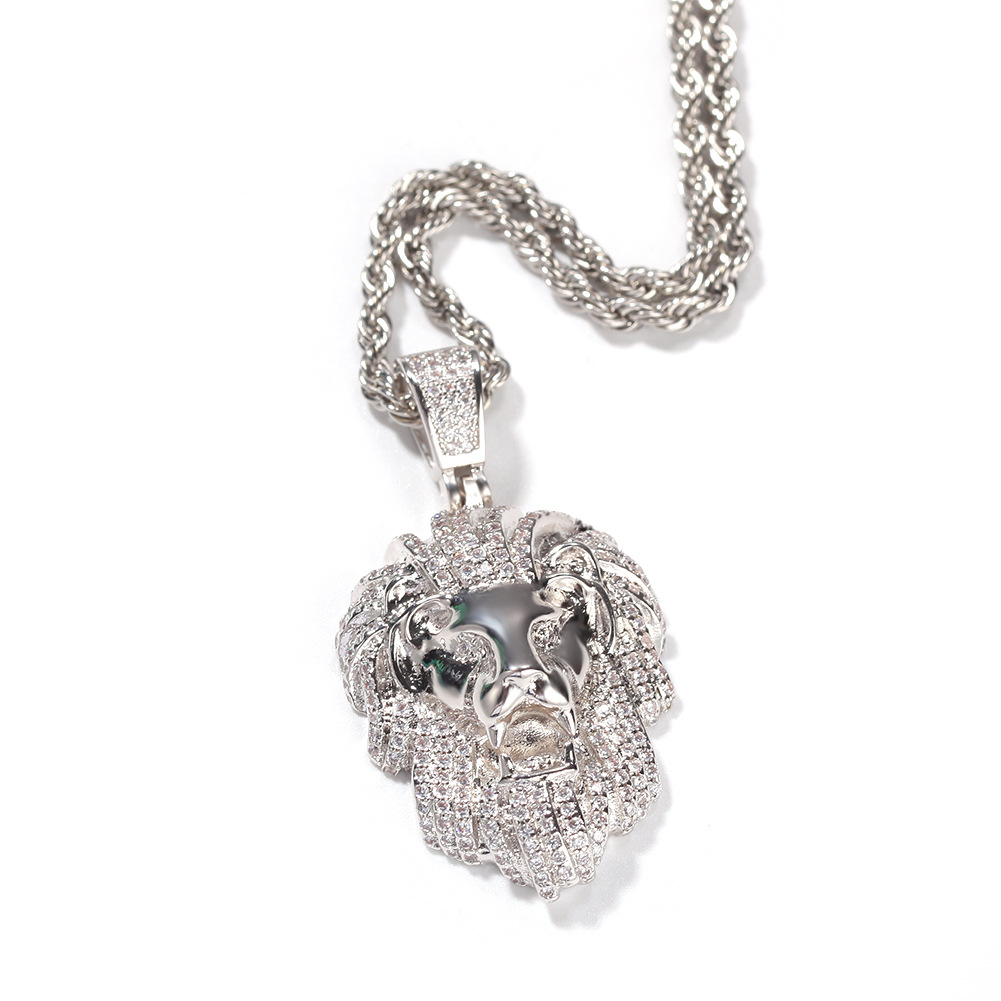 Hip Hop Lion Head Pendant Necklace 18k Gold Plated with Rope Chain Mens Rap Jewelry