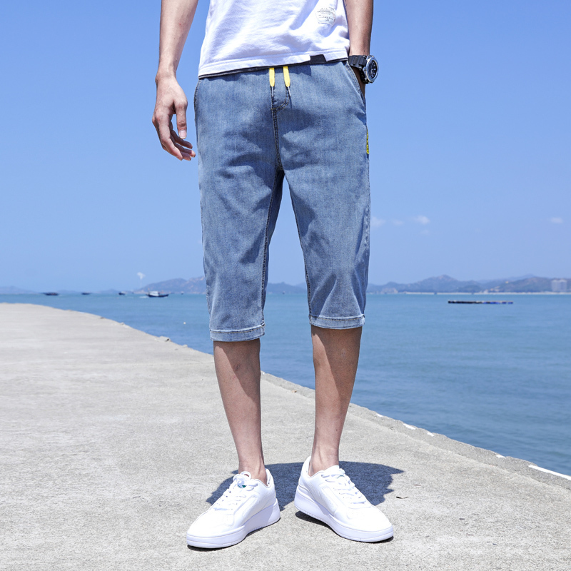 Denim shorts thin trendy brand loose straight leg mid length 2022 summer men's 7-inch pants