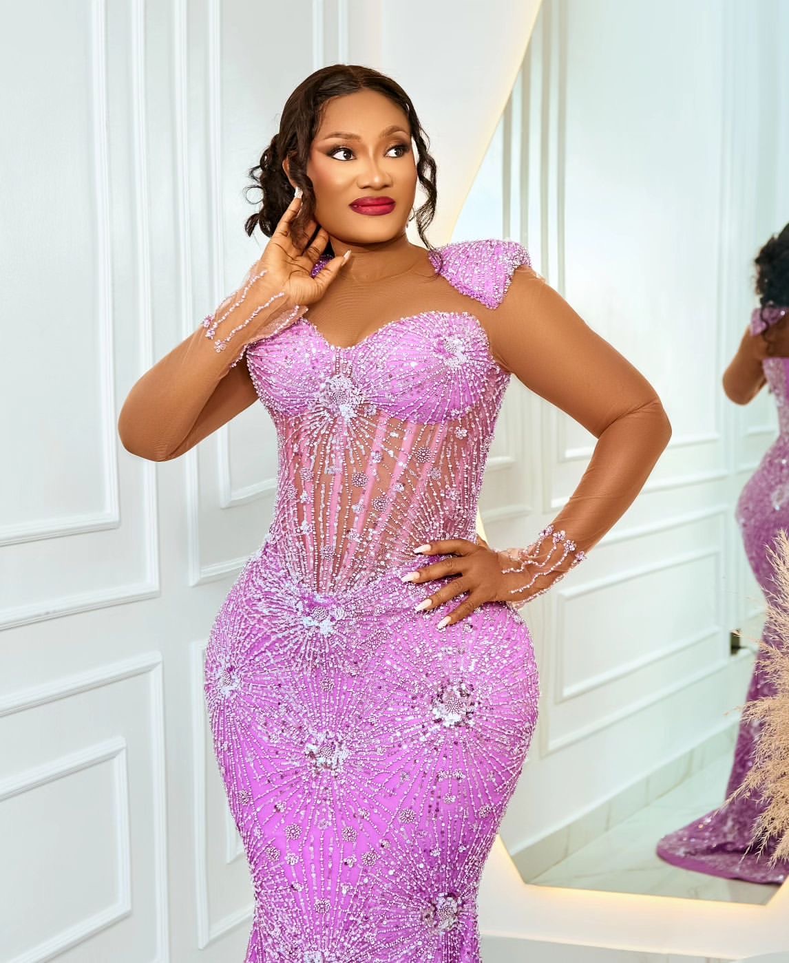 2024 Plus Size Lilac Mermaid Prom Dress Fulllace Promdress Beaded Full Sleeves Evening Formal Party Second Reception Birthday Engagement Gowns Dresses
