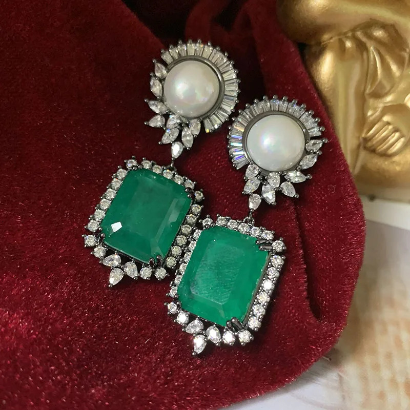 Charms S925 Silver Needle Square Emerald Crystal Pearl Earrings Retro Grace Vintage Dark Green Earring Women Jewelry Accessory 240716