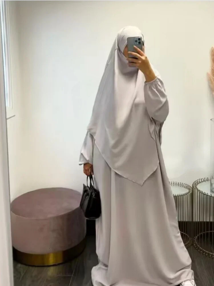 Eid Muslim Women Long Khimar 2 Piece Set Abaya Dress Prayer Garment Hijab Full Cover Islamic Ramadan Kaftan Djellaba 240712