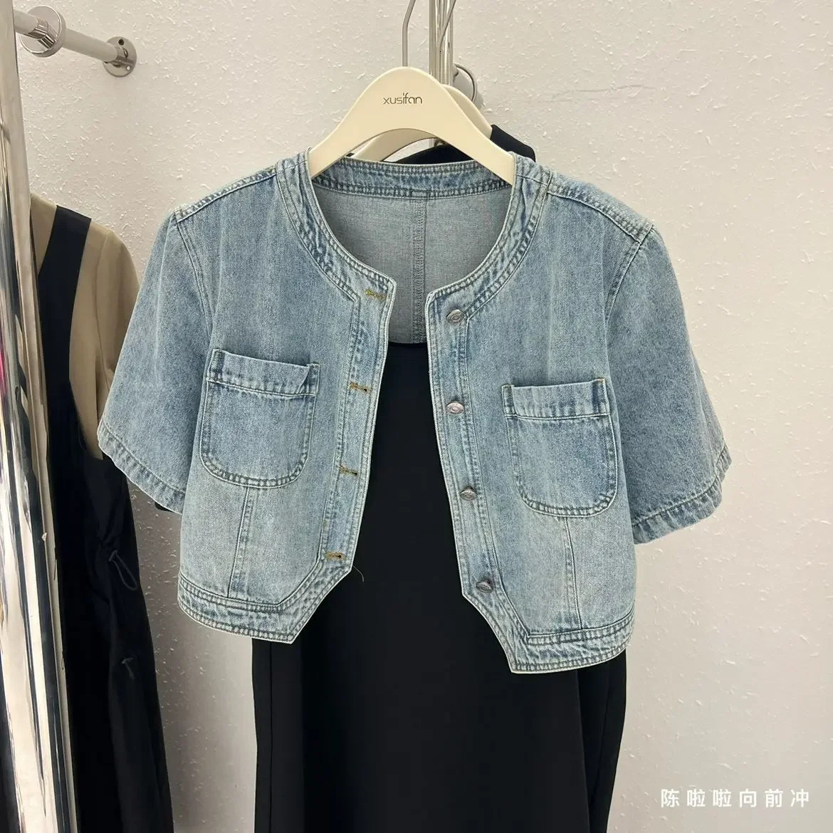 Thin Short Sleeve Denim Jacket for Women Summer Single Breasted O Neck Crop Coat Female Streetwear Washed Vintage Jeans Jacket 240717