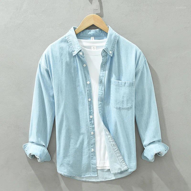 Men's Casual Shirts #7627 Cotton Vintage Denim Shirt Men Turn-down Collar Retro Outerwear Long Sleeve Loose Spring