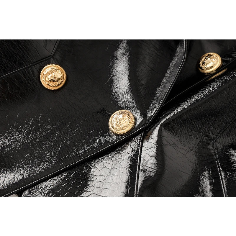 FW womens black pu leather shiny shrug slim small suit high quality y2k Korean style button decorated temperamentJacket 240717