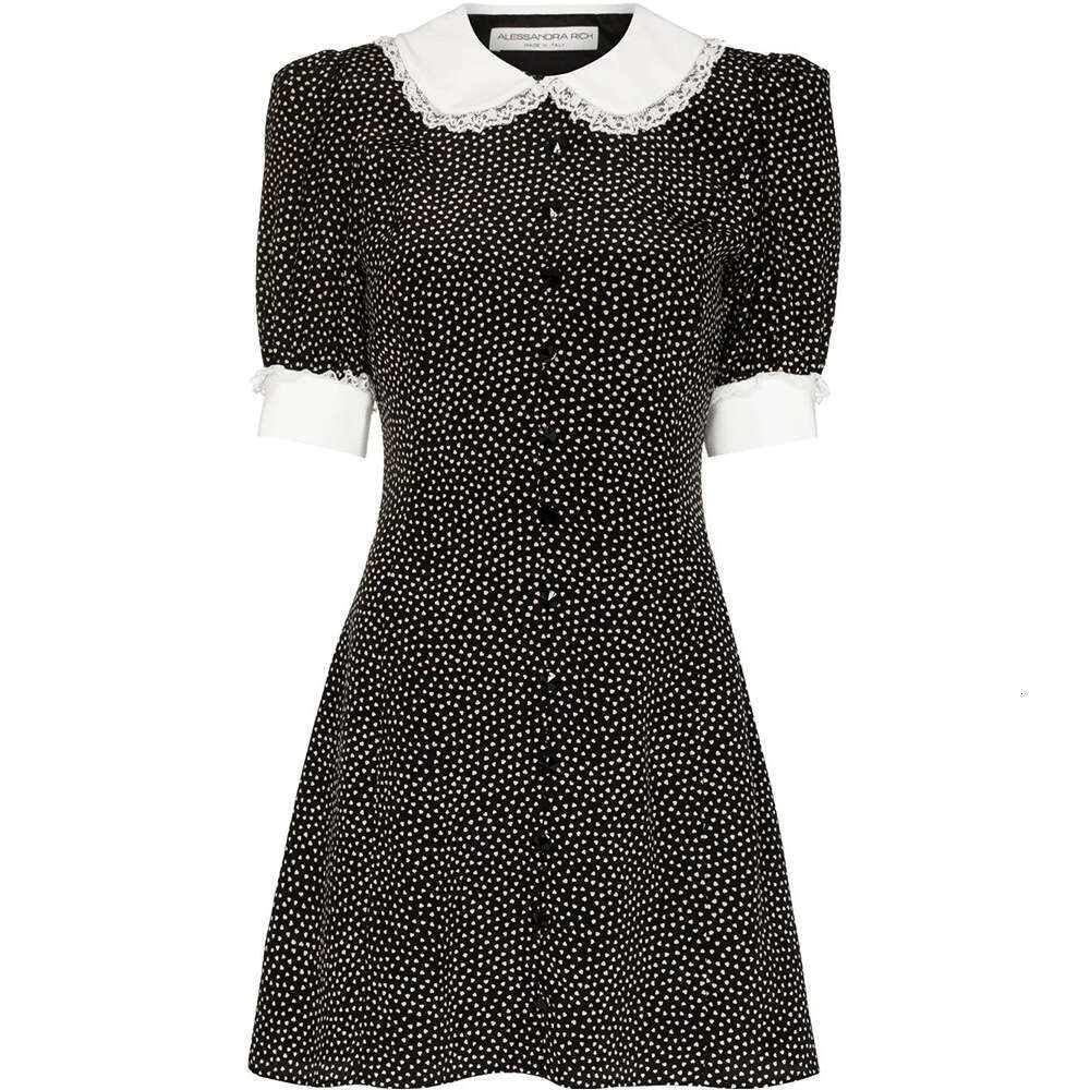 Spring Summer New Black Polka Dot Splicing Lotus Leaf Collar Sweet Short Sleeve Small Dress Short Sexy Self Cultivation Novelty Waist Lace Dress Lace 