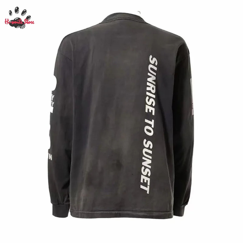 Flame Printing SAINT Long Sleeve T Shirt Men Woman Oversized Streetwear Hip Hop Casual Couple Top Tee Cotton Washed Grey 240715