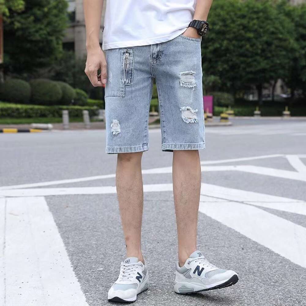 Summer beggar five quarter jeans Korean version slim fit small leg trendy brand men's short mid ripped pants