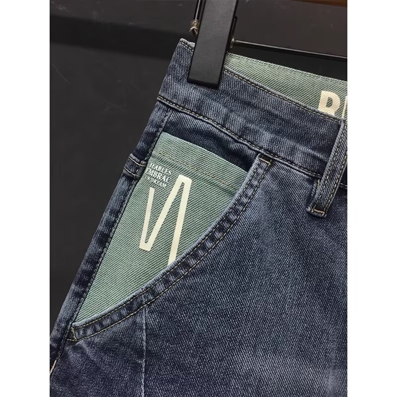 Denim shorts summer new thin five quarter trendy brand printed casual mid pants men's wash