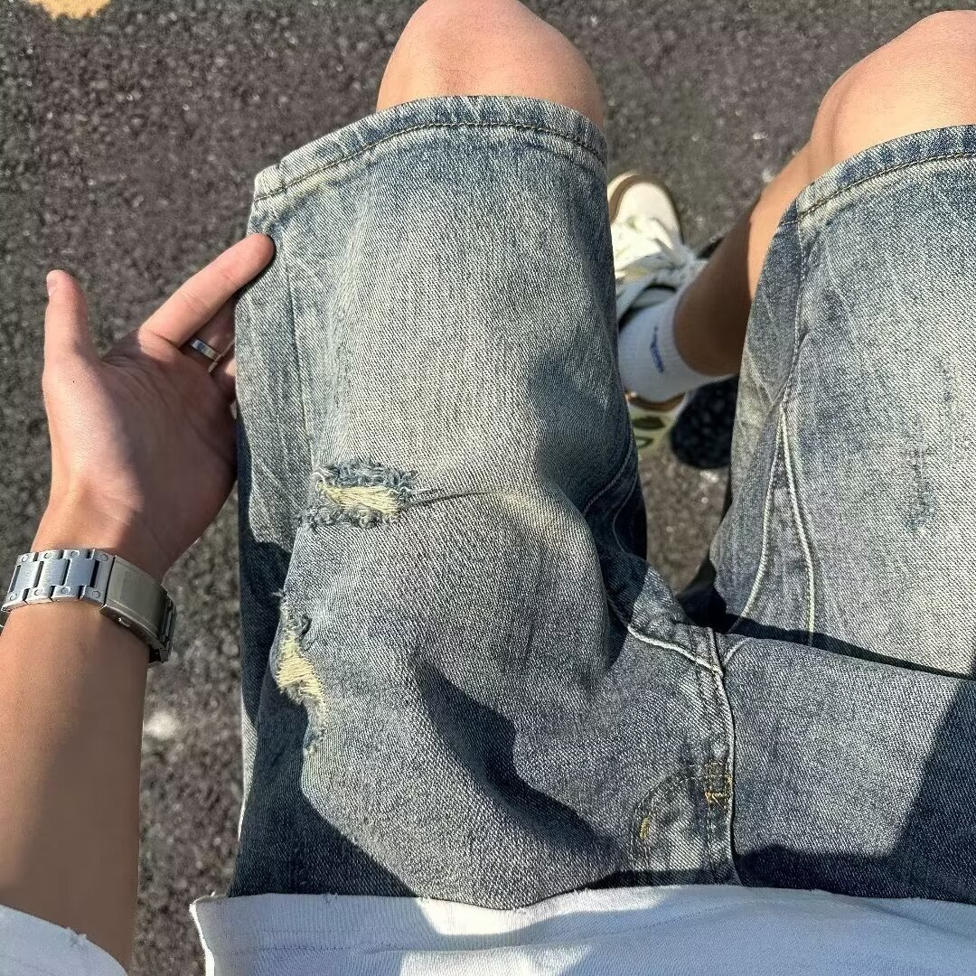 Broken hole denim shorts men's summer thin 2024 new American fashion brand straight and loose five part casual pants