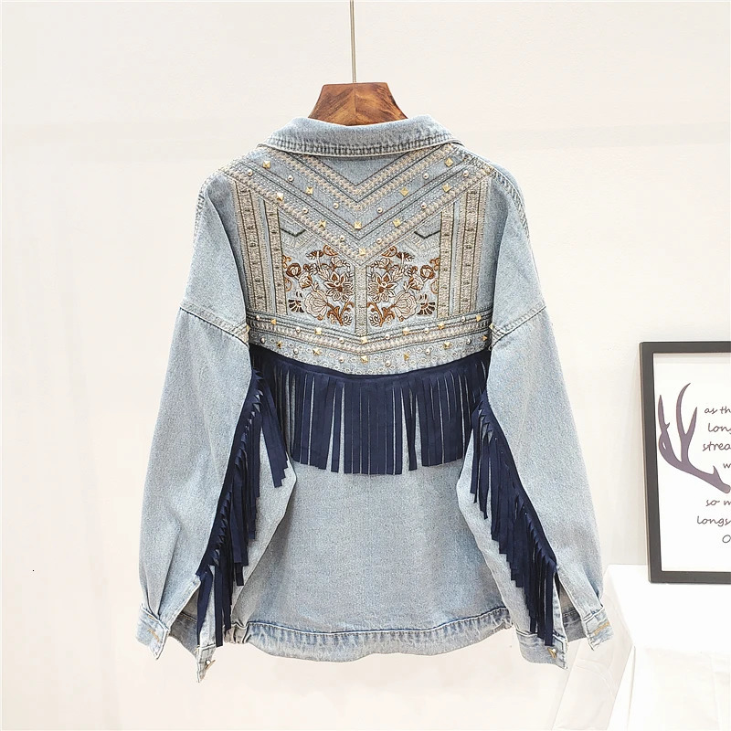 Boho Womens Denim Jacket Spring Vintage Floral Embroidery Suede Fringe Loose Long Sleeve Jean Jacket Casual Ropa De Mujer 240717