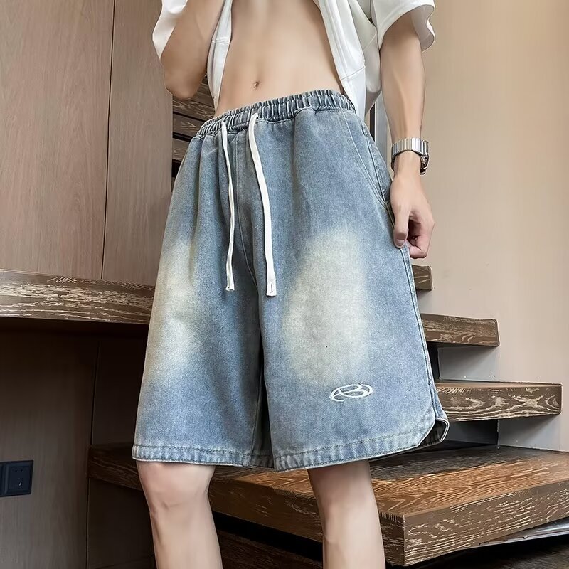 Cowboy shorts for men and women, street fashion brand, loose straight leg mid length pants, student casual five quarter pants