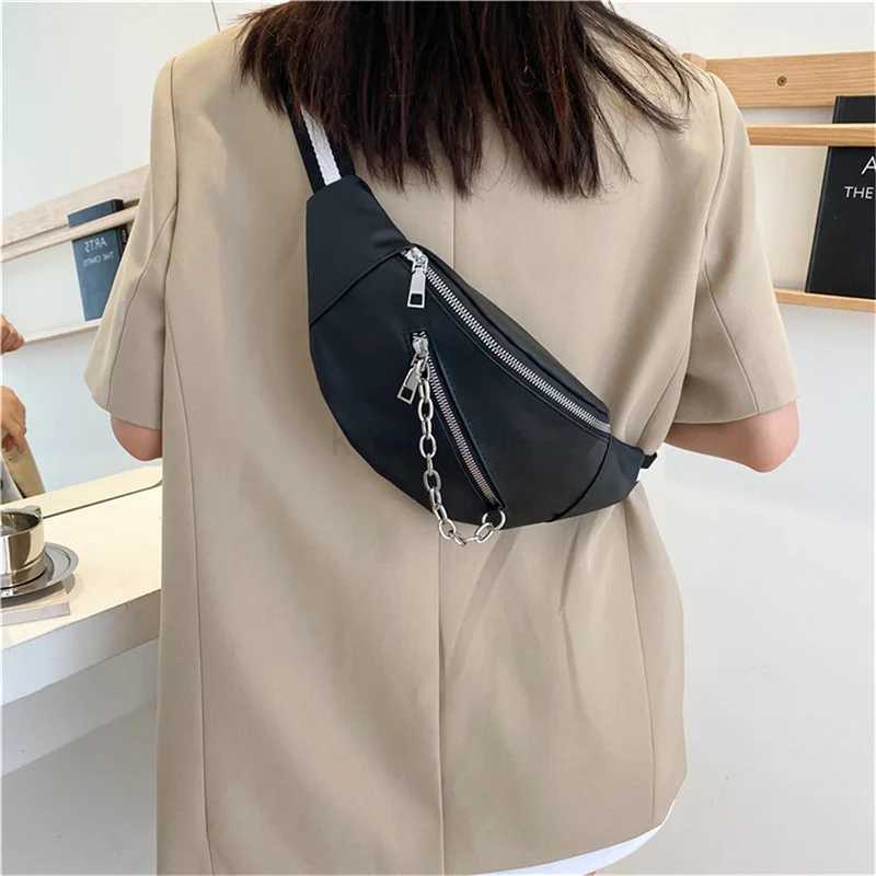 Women Shoulder Bag Street Solid Chest Bag Striped Strap Chain Zipper Waist Bags New In Bag For Women XJ240720