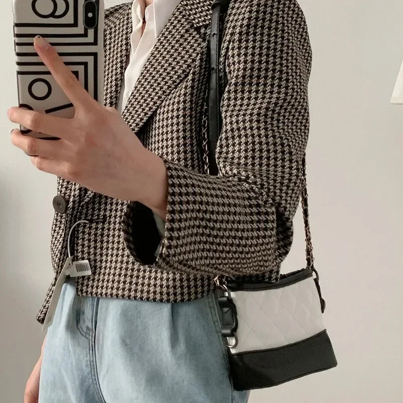 Vintage Plaid Crop Blazer Top Chic Elegant Office Clothing Spring Autumn Lady Suit Jacket Women Double Breasted Coats 240715