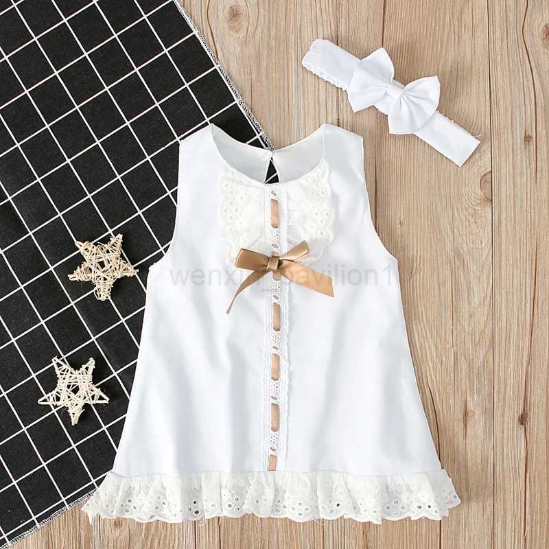 2024 Baby Summer Clothing 0-24M Infant Newborn Baby Girl Lace Dress Sleeveless Bowknot Rib Solid White Shift Gown HeadbandXJ240720