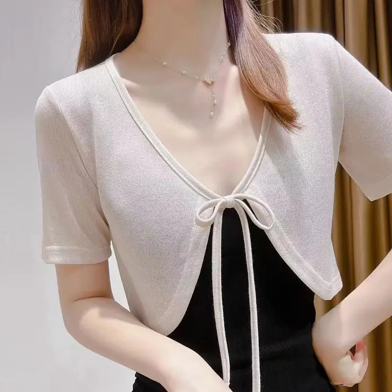 korean fashion Womens Open Front Bolero Shrug Short Sleeve Solid Color Cropped Cardigan Knit Shrug Summer Cover Up 240717