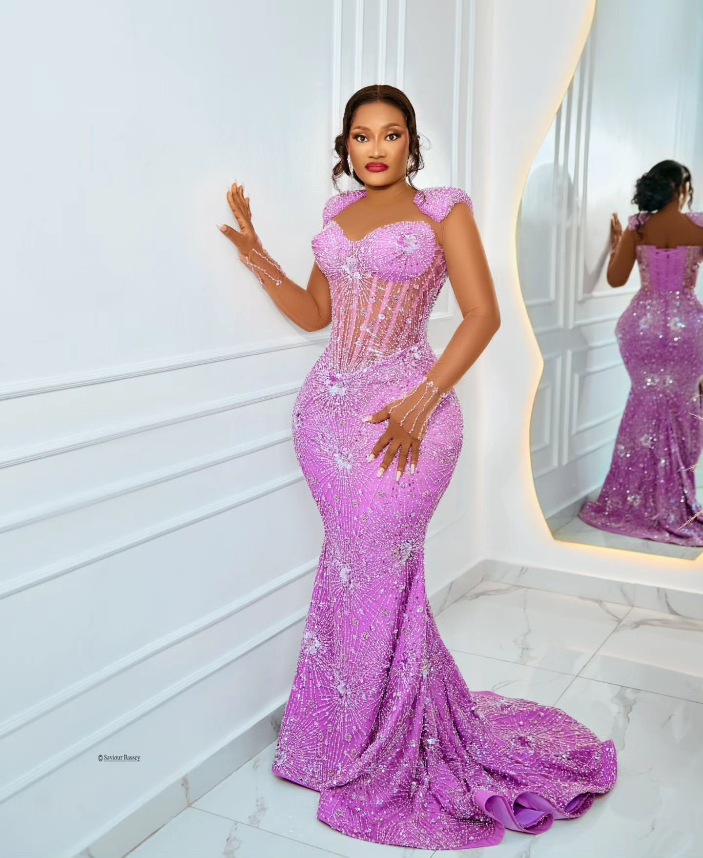 2024 Plus Size Lilac Mermaid Prom Dress Fulllace Promdress Beaded Full Sleeves Evening Formal Party Second Reception Birthday Engagement Gowns Dresses