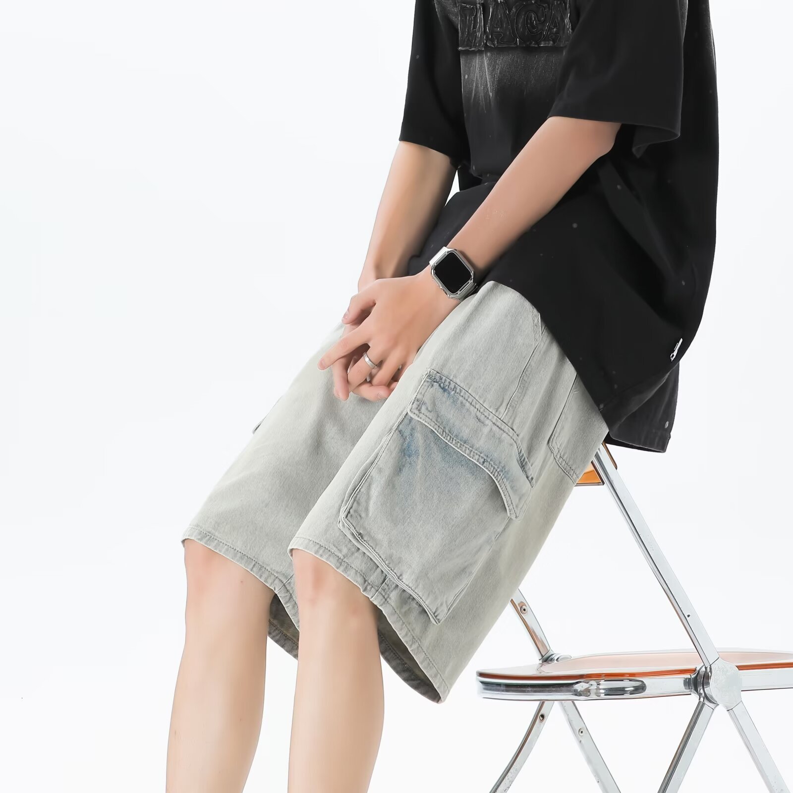 American denim for men in summer, thin fit, loose straight leg, five quarter pants, men's versatile, casual, outerwear, workwear, shorts