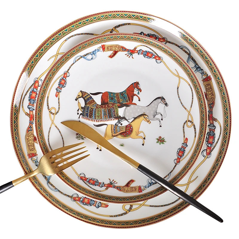 European Bone China Western Dish Plate Beautiful Ceramic Tableware el Decorative Plate For DessertSteakSnackWedding Gifts 240711