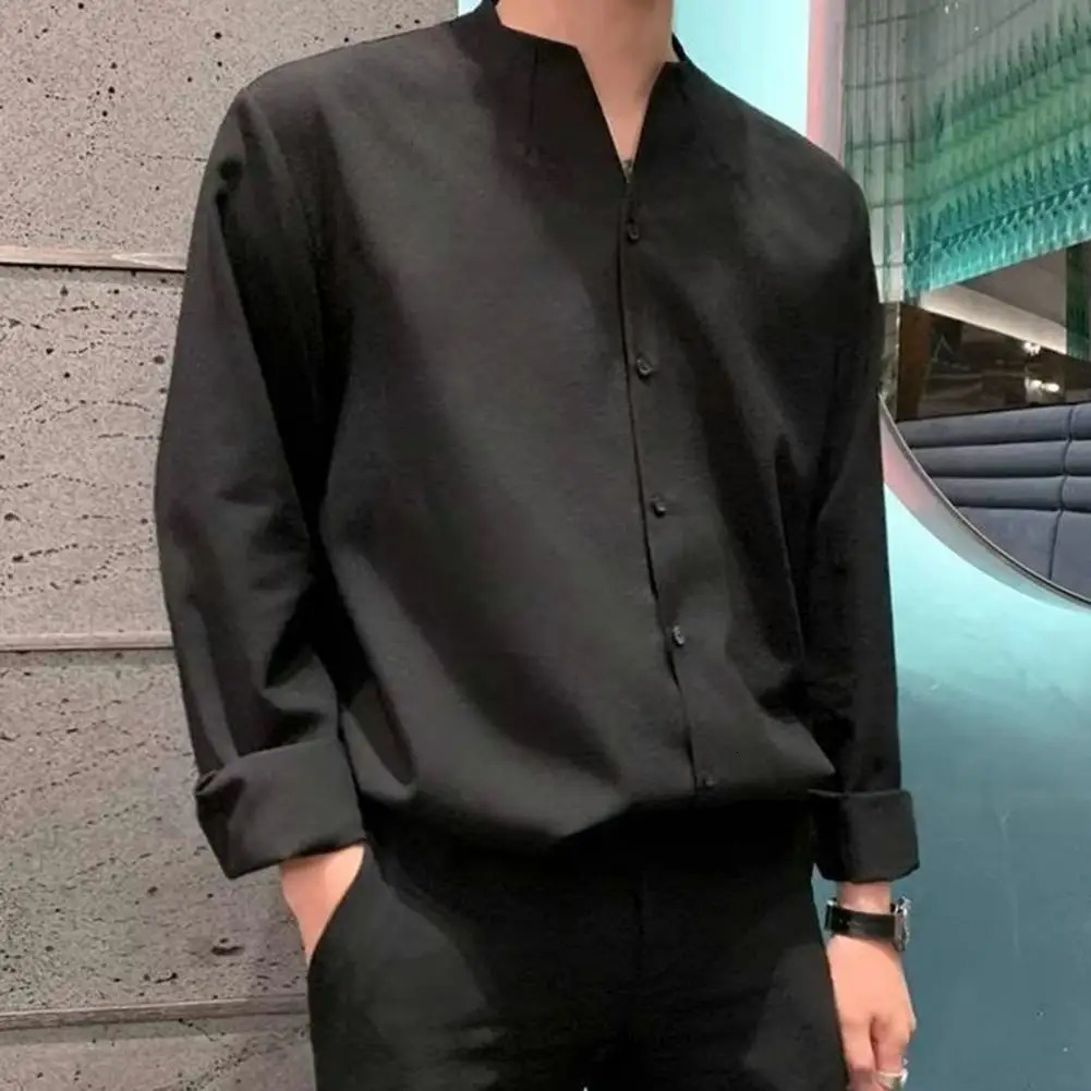 Stylish Casual Shirt AntiPilling Autumn Loose Fit Solid Work Collarless Colorfast Men Daily Clothing 240716