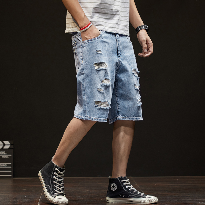 Denim shorts, ripped thin style, loose casual five quarter pants, Korean version, trendy brand, men's summer pants