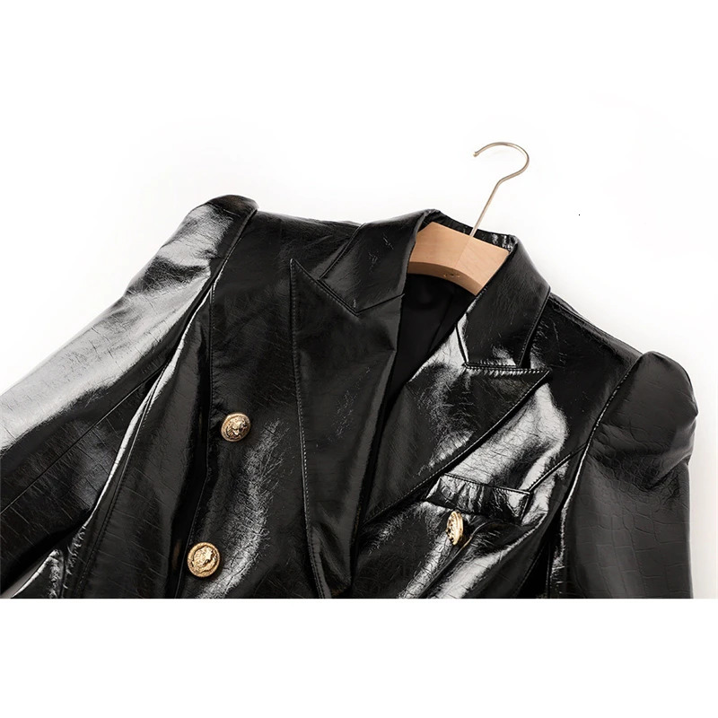 FW womens black pu leather shiny shrug slim small suit high quality y2k Korean style button decorated temperamentJacket 240717
