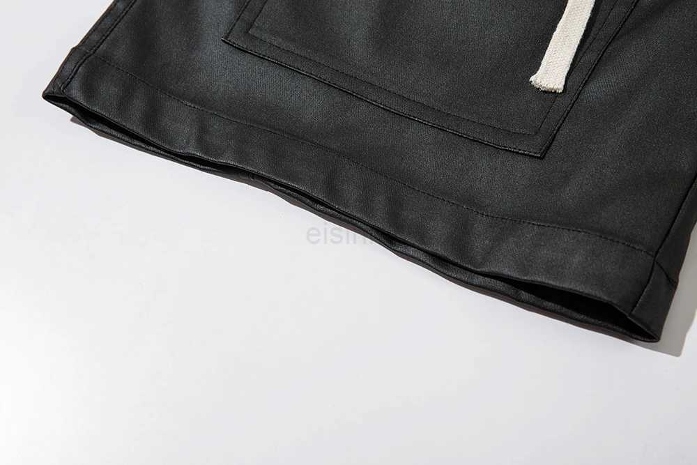 Vintage Black Pu Leather Baggy Shorts for Men Straight Front Big Pockets Casual Summer Drawstring Five Point Pants Oversized M240720