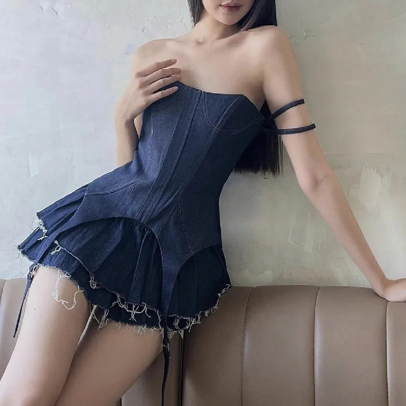 Sexy Slash Collar Navy Denim Crop Top Women High Waist 2 Layers Swing Fringed Hem Mini Skirt Suits 2 pieces 1 Set 240715