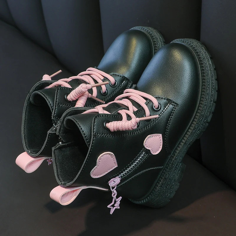 Girls Boots Kids Fashion Rubber Boots Cool Girl Autumn and Winter Cotton Soft Sole Pink with Love Side Zip Princess Round-toe PU 240710