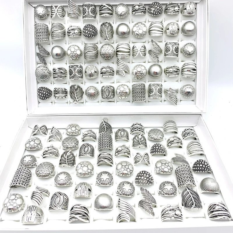 Wholesale of 100 pieces/batch of mixed vintage jewelry rings mens vintage carved pattern finger accessories anniversary silver plating 240710