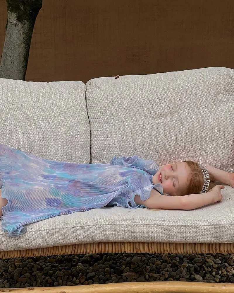 Summer Children Girl Blue Smudge Chiffon Dress Kid Girls Spanish Style Sleeveless Suspender Dress Birthday Party Dresses 9TXJ240720