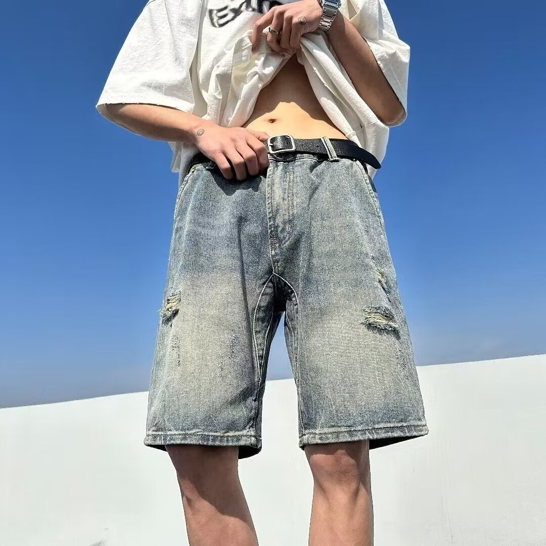 Broken hole denim shorts men's summer thin 2024 new American fashion brand straight and loose five part casual pants