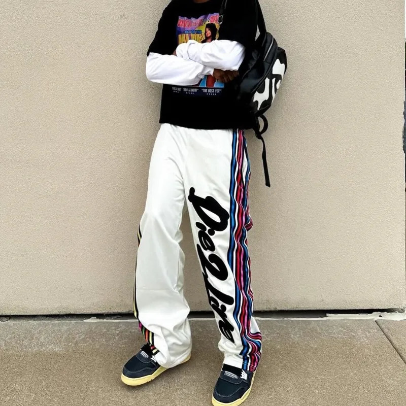 High Street Fashion Colorful Striped Letter Print Oversized Casual Pants Men Y2k Harajuku Retro Gothic Rock Straight Pants Women 240712