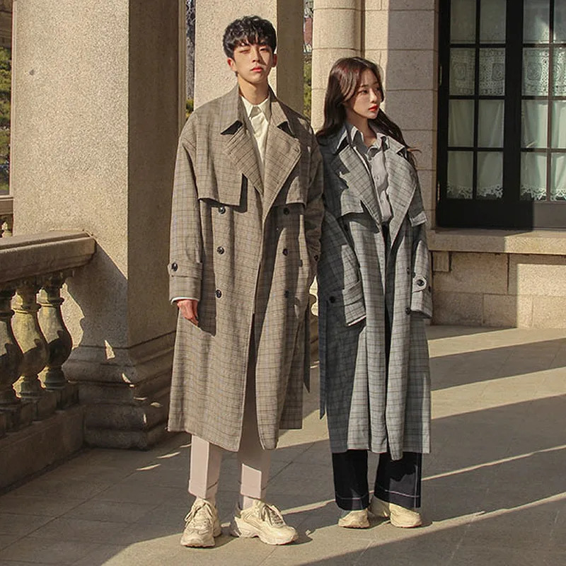 Autumn Checked Couple Windbreaker Korean Version Trend Medium Long Coat Mens Handsome Chic Over Knee Coat 240719