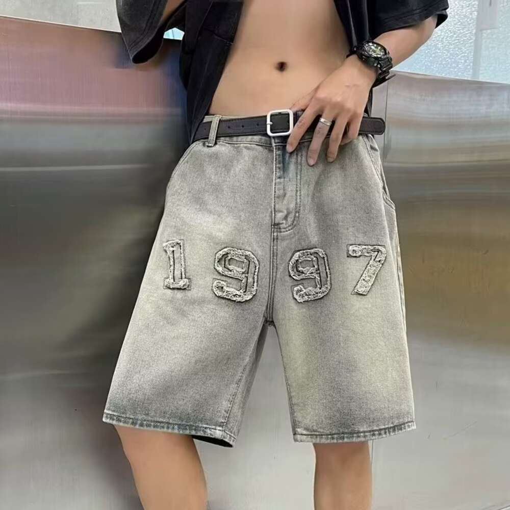 American high street denim shorts men's summer loose wide straight leg five quarter trendy brand cool pants