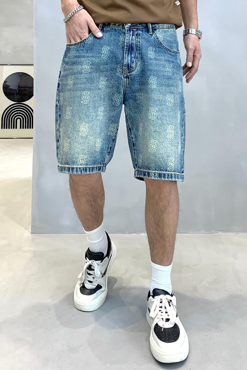 Quality printed denim shorts for men's summer new style, loose and versatile, trendy Korean version five quarter pants