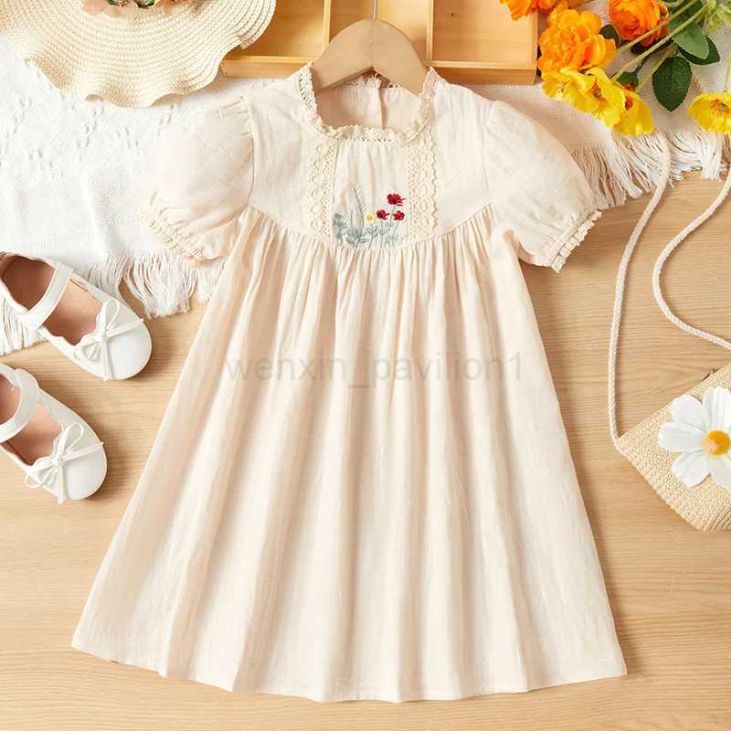 Girls Casual Embroidered Floral Dress Little Girls Fashion Birthday Gift Princess Dress Kids Pure Cotton Puffy Sleeve ClothesXJ240720