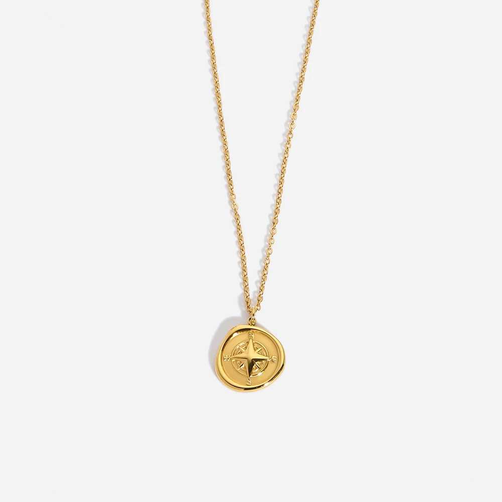 Pendant Necklaces 316L stainless steel PVD gold-plated geometric compass pendant necklace womens waterproof texture necklace 2022 J240719
