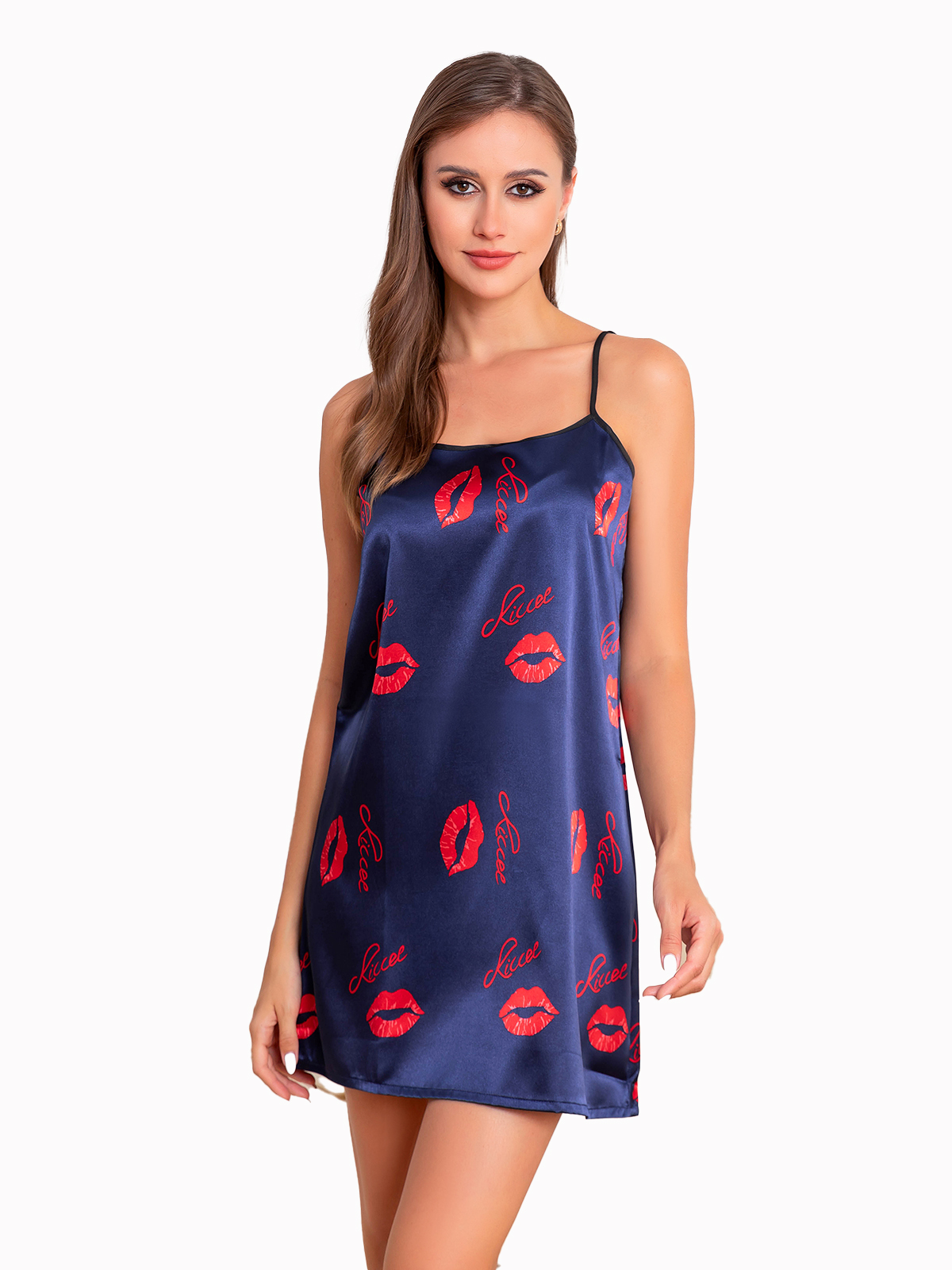 P102 Ladies' Comfortable Navy Blue Nightdress with Kiss Lip Pattern - Casual Home Attire