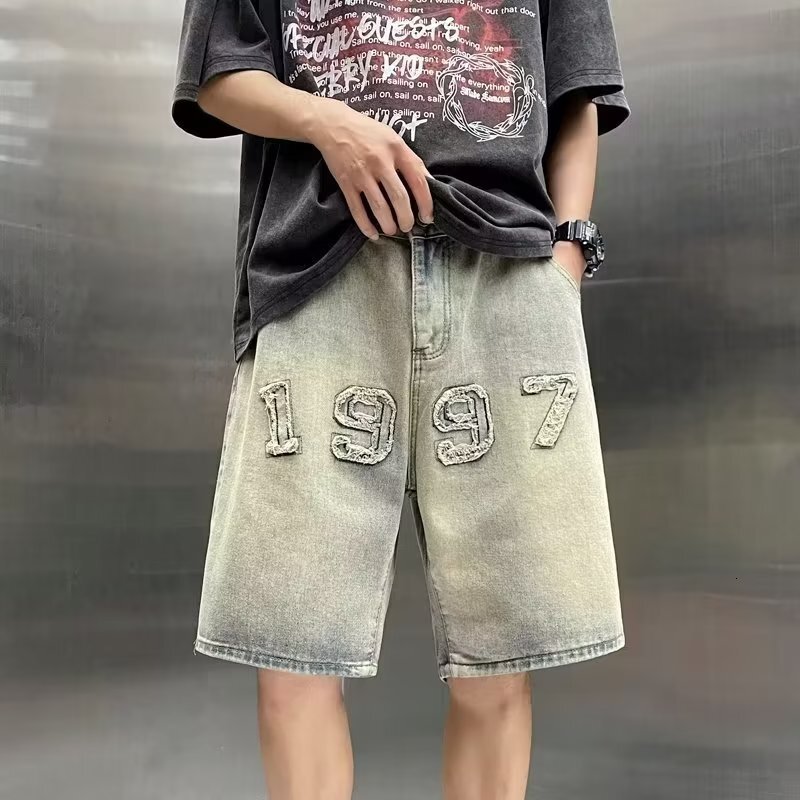 American high street denim shorts men's summer loose wide straight leg five quarter trendy brand cool pants