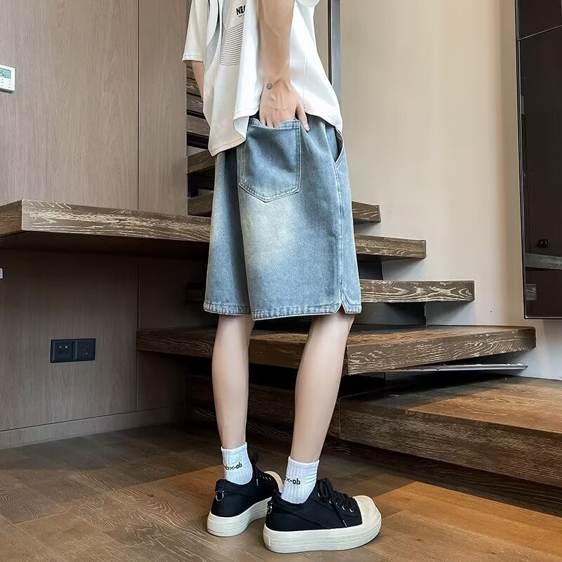 Denim shorts for men, summer gradient high street trend washed straight leg pants, oversized loose casual thin cropped pants