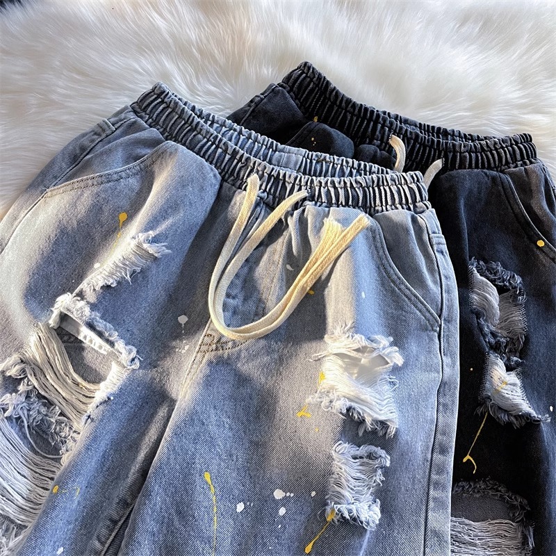 Original high-quality splashed ink ripped denim shorts for men in summer, thin design, niche and trendy brand