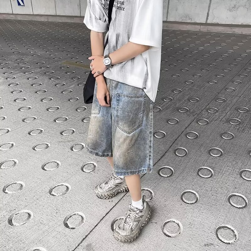 Summer denim thin casual workwear shorts, loose straight leg men's washed five point jeans