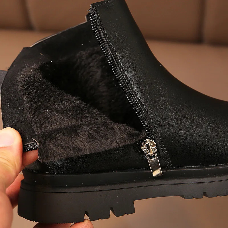 Winter Kids Fashion Martin Boots Childrens Rubber Outsole Non-slip Warm Zipper Leather Ankle Boots Boys Girls Casual Shoes 240710