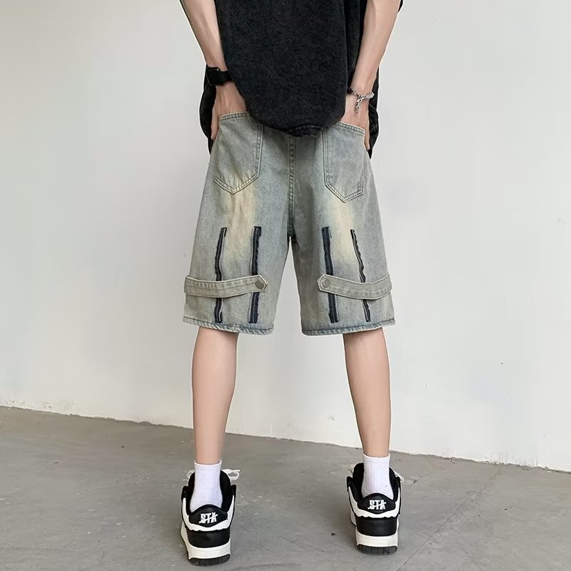 Workwear denim men's summer thin mid length shorts American street versatile loose straight five quarter pants