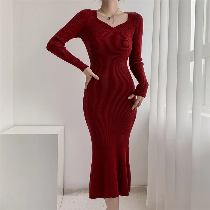Autumn Winter Slim Solid Long Sleeve Knitted Dress Women Korean Sweater Bodycon Dresses Ladies Elegant Evening Party 240710